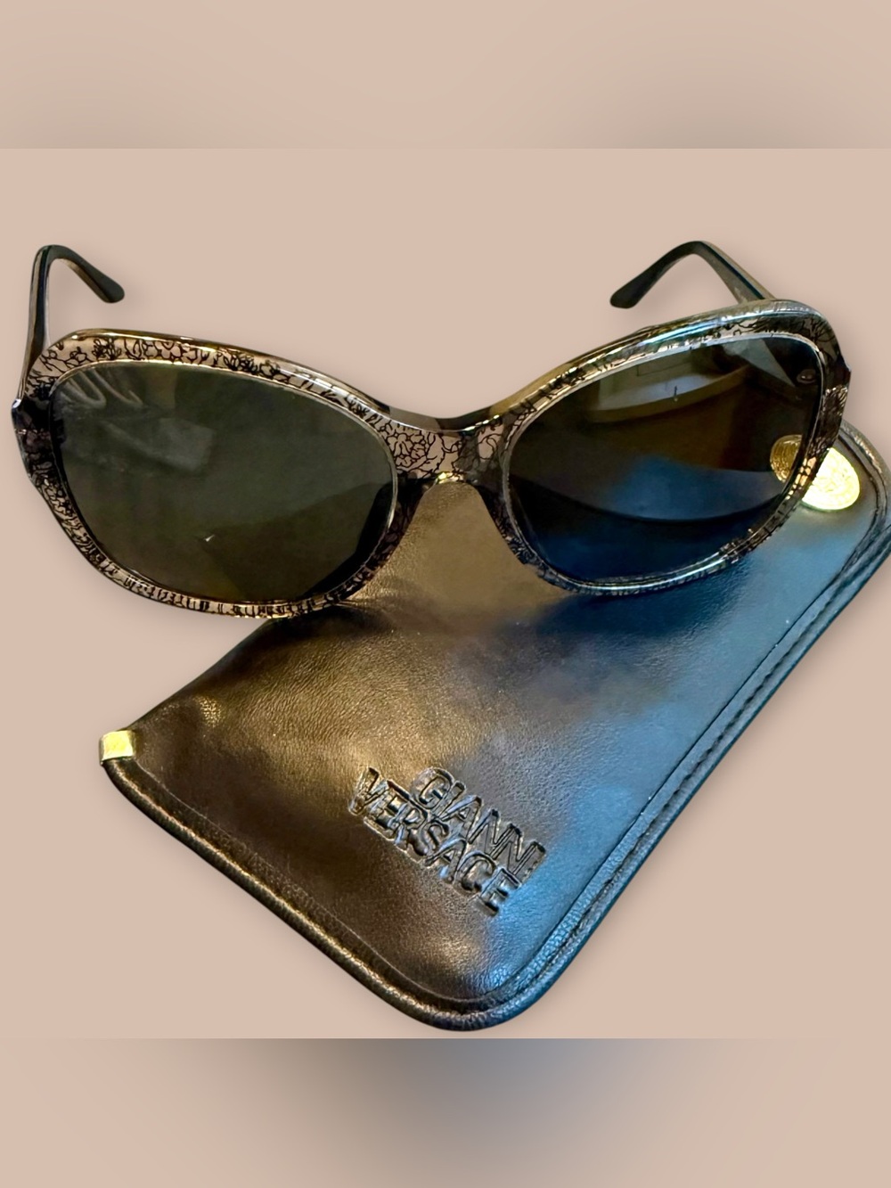 Versace Sunnies in Black & Gray Pattern, Oval Sunglasses, Versace Medusa Sleeve - Picture 2 of 16